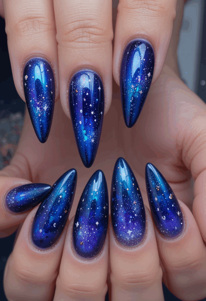 Cosmic Blue Galaxy Nail Art